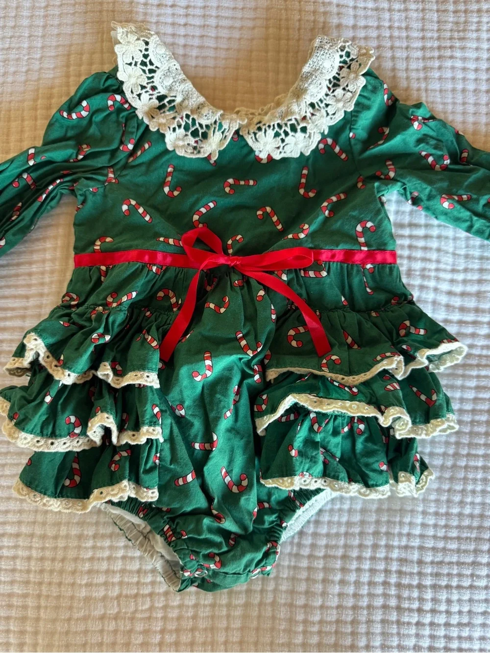 Vintage styled Holiday Green Candy Cane Ruffled One-Piece with Lace Collar